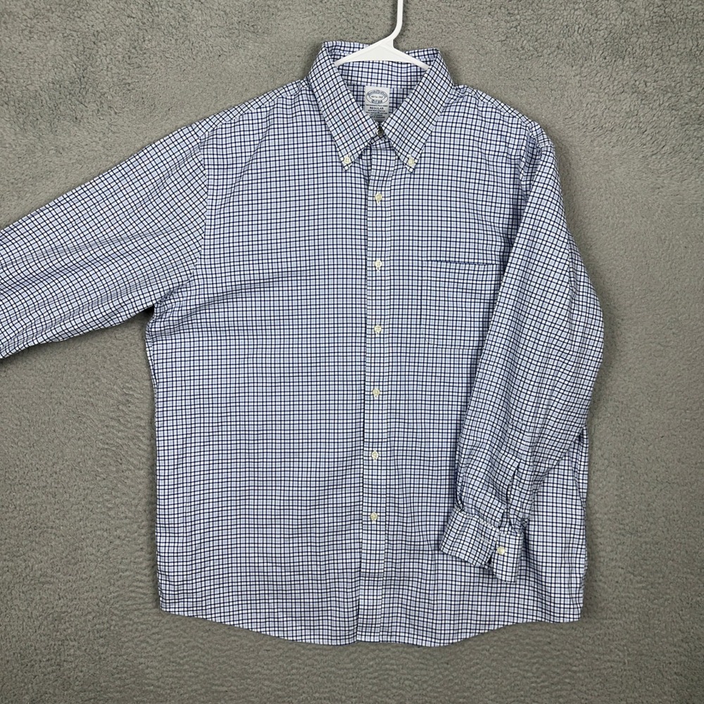 Brooks Brothers Dress Shirt Mens 16.5-32 Regular Blue White Check Stretch EUC